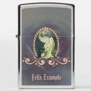 A majestic peacock in gold and green. zippo lighter