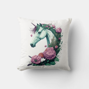 A Majestic Unicorn with Blooming Beauty Throw Pillow