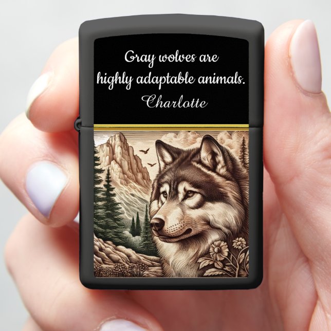 A majestic wolf gazes over a tranquil landscape zippo lighter (In Hand)