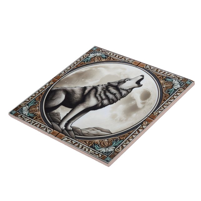 A Majestic Wolf Howls at the Glowing Full Moon Ceramic Tile (Side)