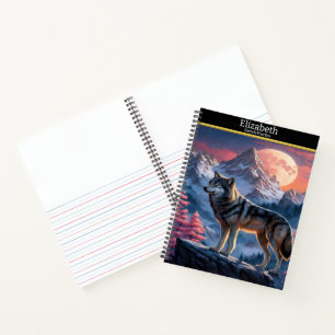 A majestic wolf howls at the glowing moonlight notebook