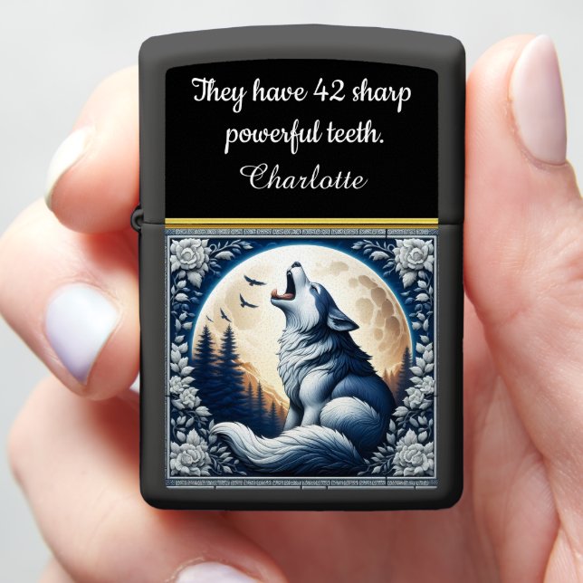A Majestic Wolf Howls at the Moonlit Sky in Winter Zippo Lighter (In Hand)