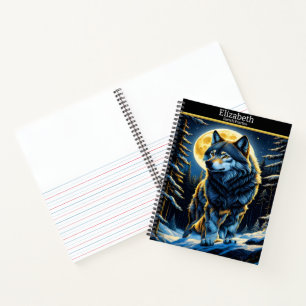 A majestic wolf howls beneath a bright moonlit sky notebook