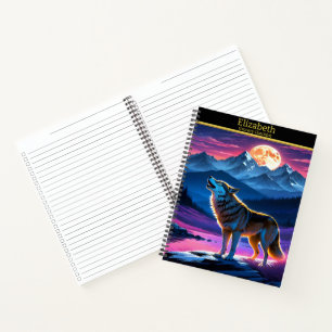 A majestic wolf howls under a vibrant moonlit sky notebook