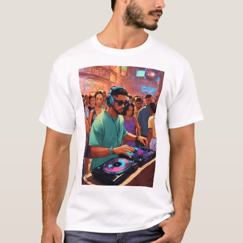 A male DJ playing records at a bodega  T_Shirt