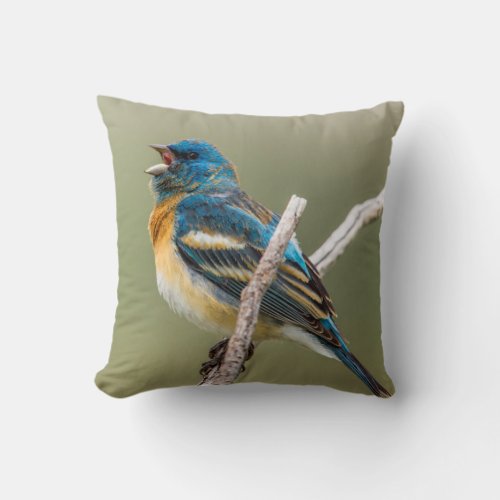 A Male Lazuli Bunting Songbird Singing Throw Pillow
