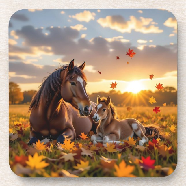 A Mama Horse and her Foal in Autumn Beverage Coaster (Front)