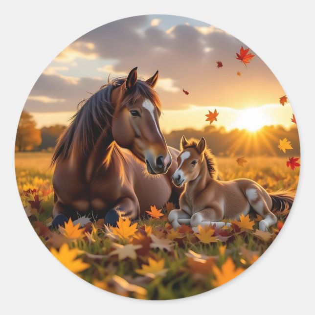 A Mama Horse and her Foal in Autumn Classic Round Sticker (Front)