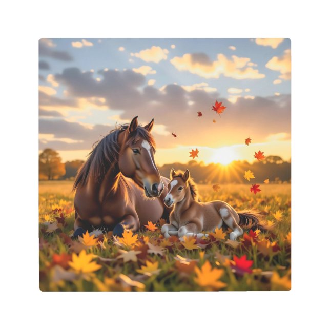 A Mama Horse and her Foal in Autumn Metal Print (Front)