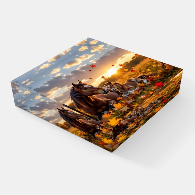 A Mama Horse and her Foal in Autumn Paperweight (Angled)