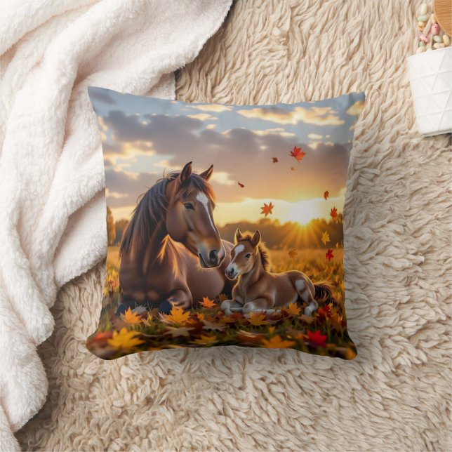 A Mama Horse and her Foal in Autumn Throw Pillow (Blanket)