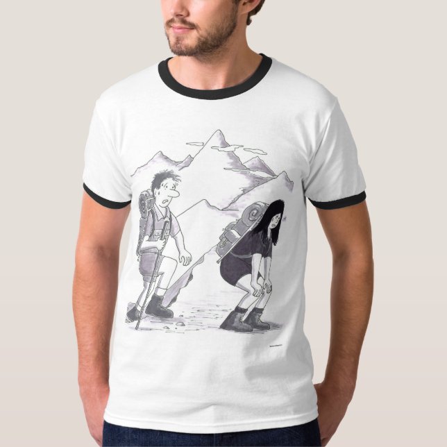 A Man and Woman Hiking with Backpacks Up  Mountain T-Shirt (Front)