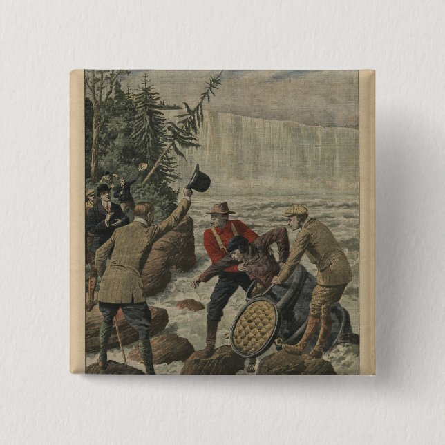 A man in a barrel crossing the Niagara Falls Pinback Button (Front)