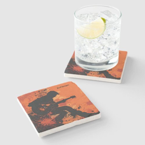 A Man Playing Guitar in Silhouette Throw Pillow Stone Coaster