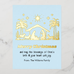 A Manger's Merry Glow, light blue background and Foil Holiday Postcard
