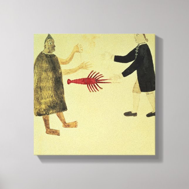 A Maori bartering a crayfish Canvas Print (Front)