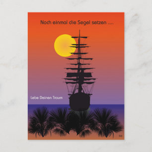A map of sailing ships with sunrise postcard