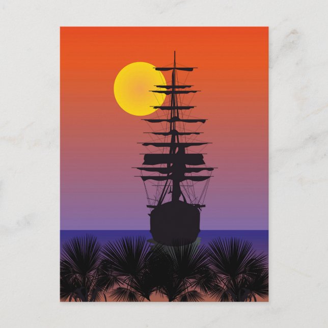 A map of sailing ships with sunrise postcard (Front)