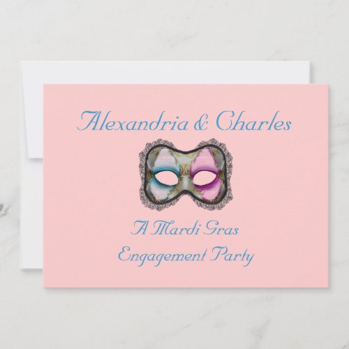 A Mardi Gras Engagement Party BluePink Mask 1 Invitation