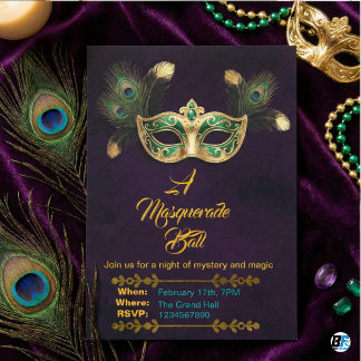 A Masquerade Ball Peacock Gold Emerald Invitation