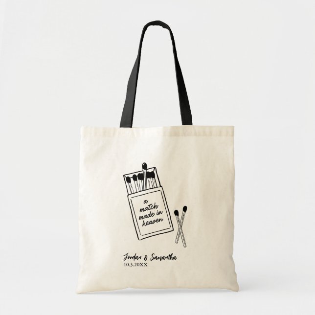 A Match Made in Heaven Black Wedding Welcome Tote Bag (Front)