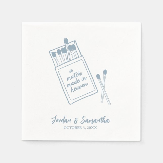 A Match Made in Heaven Blue Personalized Wedding Napkins (Front)