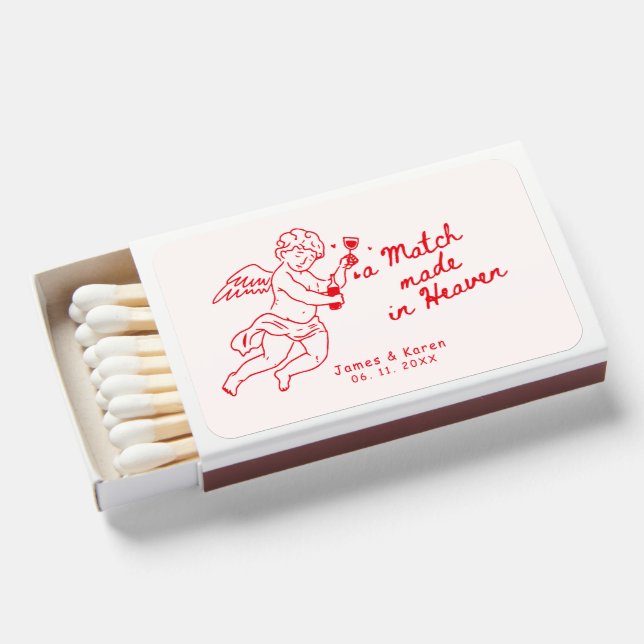 a Match made in Heaven Hand Drawn wedding Matchbox (Front Open)