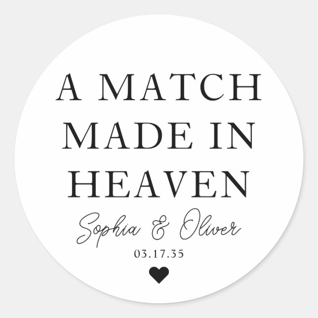 A MATCH MADE IN HEAVEN Heart Wedding Matches Favor Classic Round Sticker (Front)