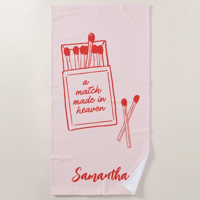 A Match Made in Heaven Pink & Red Personalized Beach Towel (Front)