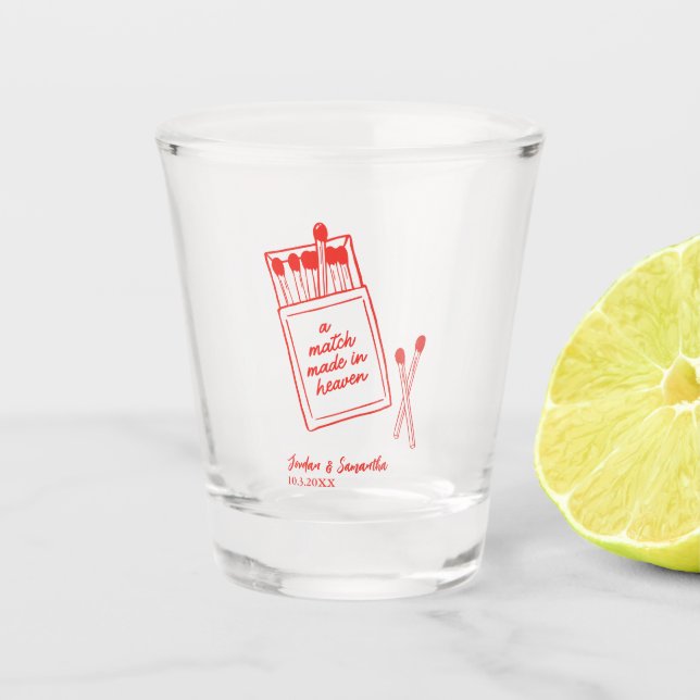 A Match Made in Heaven Red Cute Wedding Favor Shot Glass (Front)