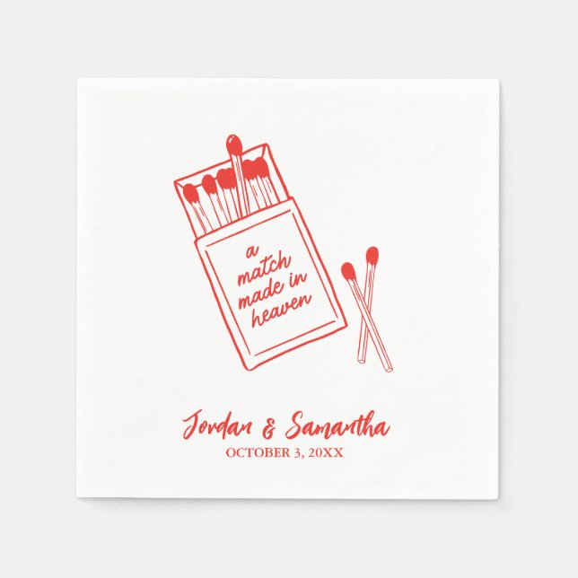 A Match Made in Heaven Red Personalized Wedding Napkins (Front)