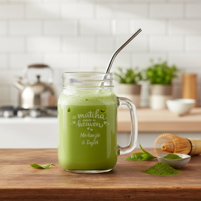 A Matcha Made in Heaven Personalized Pun Mason Jar W/ Handle (A Matcha Made in Heaven Personalized Pun Mason Jar by Ricaso. Green tea lovers ideal gift idea)