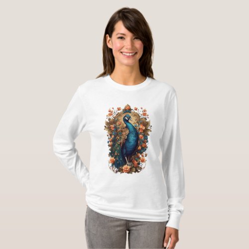 A maximalist t_shirt design with the peacock