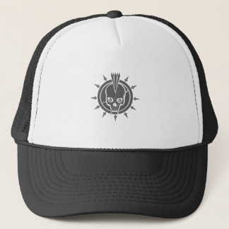A mean punk rock, goth, vampire skull with spikes trucker hat