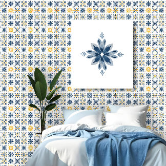 A Mediterranean Tile Design with Floral Geometric Wallpaper