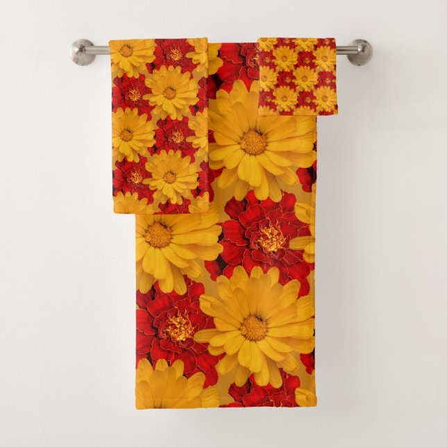 A Medley of Red and Yellow Marigold Flowers Bath Towel Set (Insitu)