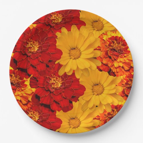 A Medley of Red and Yellow Marigolds Paper Plates