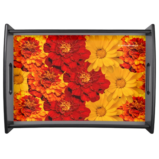 A Medley of Red Yellow and Orange Marigolds Serving Tray (Front)