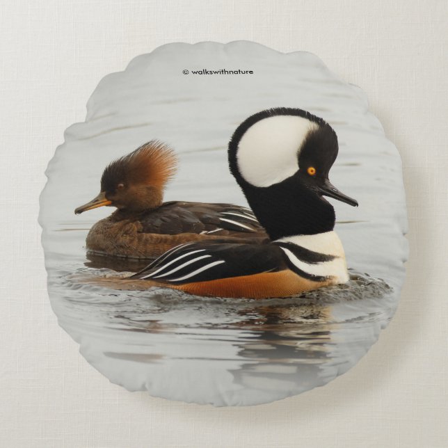 A Meeting of Hooded Mergansers Round Pillow (Front)