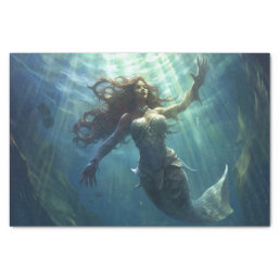 A mermaid in a sunlit tunnel swimming upward tissue paper