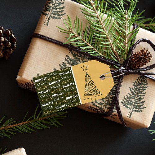 A Merry and Bright Christmas Tree Green and Yellow Gift Tags