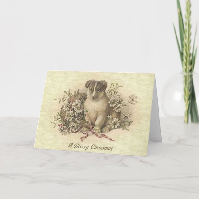 A Merry Christmas Adorable Dog with Flowers Holiday Card (Front)