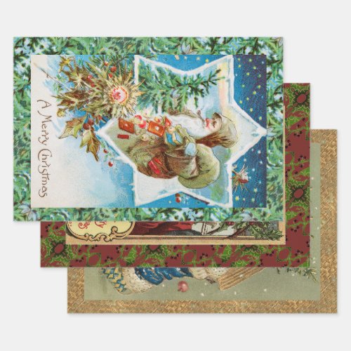 A MERRY CHRISTMAS _ ANTQUE SANTA DECOUPAGE PRINTS WRAPPING PAPER SHEETS