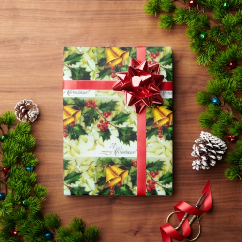A Merry Christmas Bells and Holly Vintage Wrapping Paper