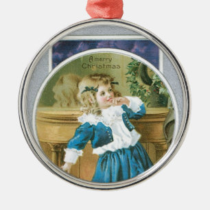 "A Merry Christmas" Girl in Blue Metal Ornament