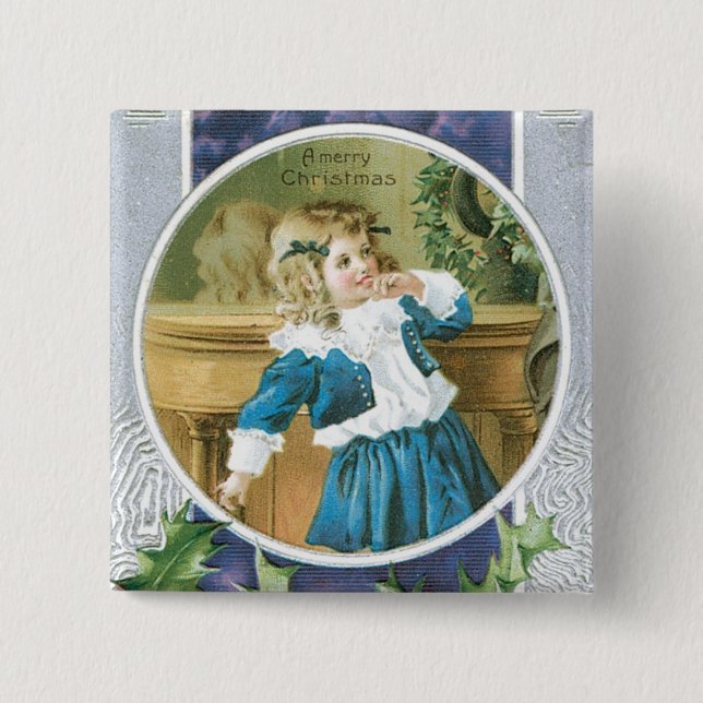 "A Merry Christmas" Girl in Blue Pinback Button (Front)