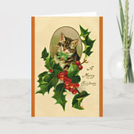 A Merry Christmas Holly Kitty Restored Vintage Holiday Card