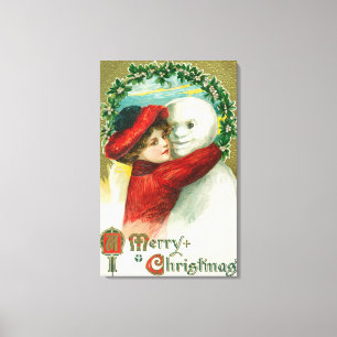 A Merry Christmas Hugging Snowman Scene Canvas Print