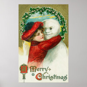 A Merry Christmas Hugging Snowman Scene Poster