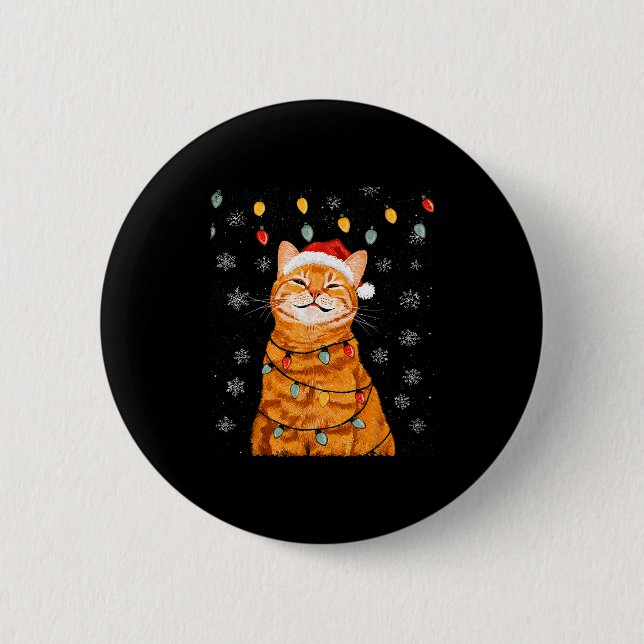 A Merry Christmas Lights Snowflake Ginger Cat Oran Button (Front)